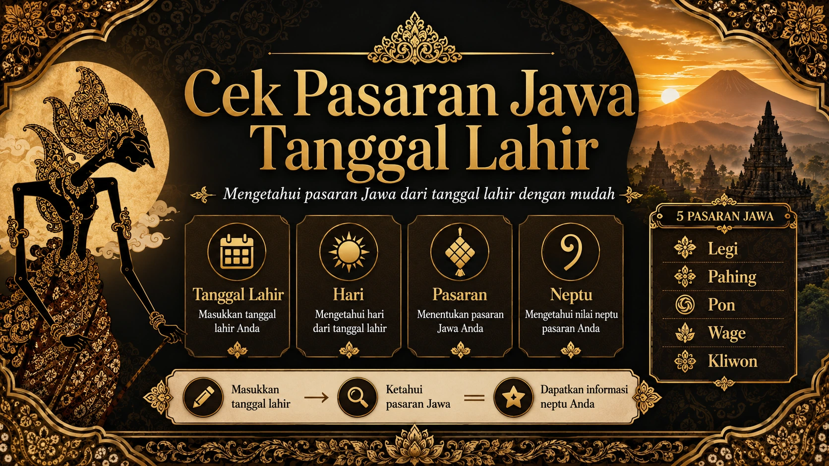 Cek pasaran Jawa dari tanggal lahir untuk mengetahui Legi, Pahing, Pon, Wage, atau Kliwon serta weton kelahiran dengan mudah.